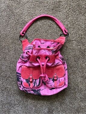Vintage John Galliano Pink Newspaper Print Leather/Canvas Shoulder Slouchy Bag